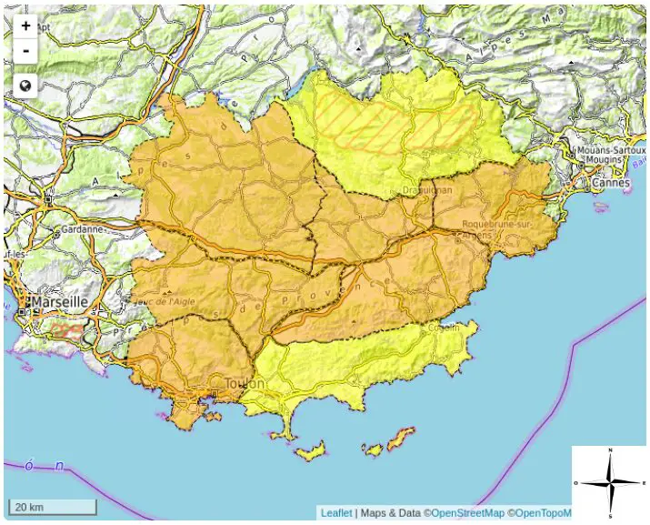 Vendredi 9 août dans le #Var : 🟠 Les massifs des Monts Toulonnais, de la Sainte-Baume, du Haut-Var, du Centre Var, de l'Estérel et des Maures sont en risque 🔥 SÉVÈRE ➡️ accès déconseillé 🟡 Le plateau de Canjuers, les massifs de la Corniche des Maures et des Iles d'Hyères sont en risque 🔥 MODÉRÉ ☎️ Appelez le 18 ou le 112 pour signaler un départ de feu