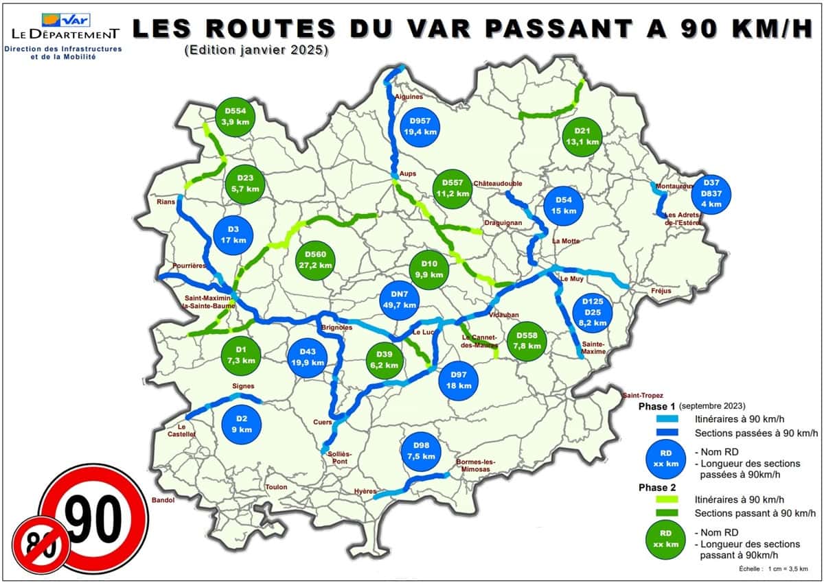 La carte des routes du Var passant à 90km/h