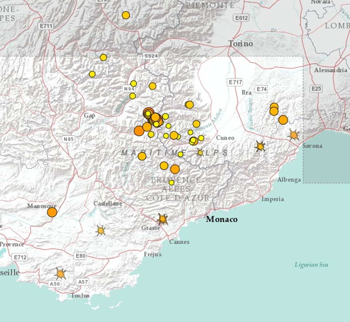 Séismes Alpes italiennes maritimes